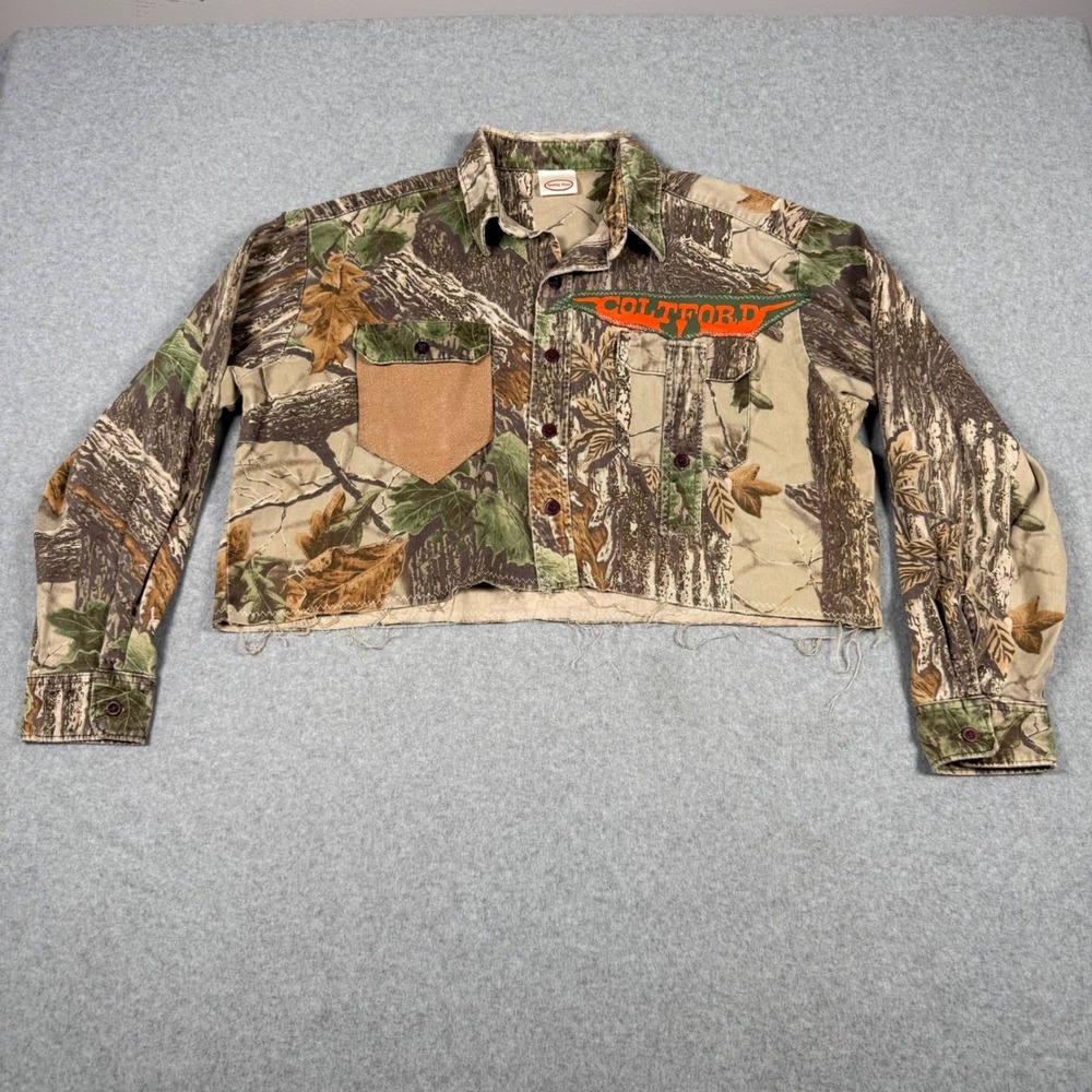 Spenny Lane Colt Ford Realtree Camo Cropped Raw Hem Button Down Shirt XL Country